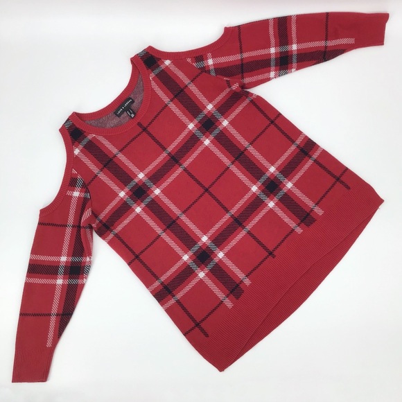 Love & Legend Red Tartan Cold Shoulder Sweater, 0X - Picture 6 of 16